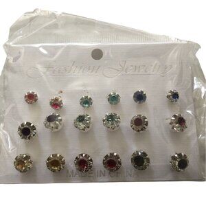 9 Pairs Of Crystal‎ Stud Earrings Assorted Colors Multicolor Round Design